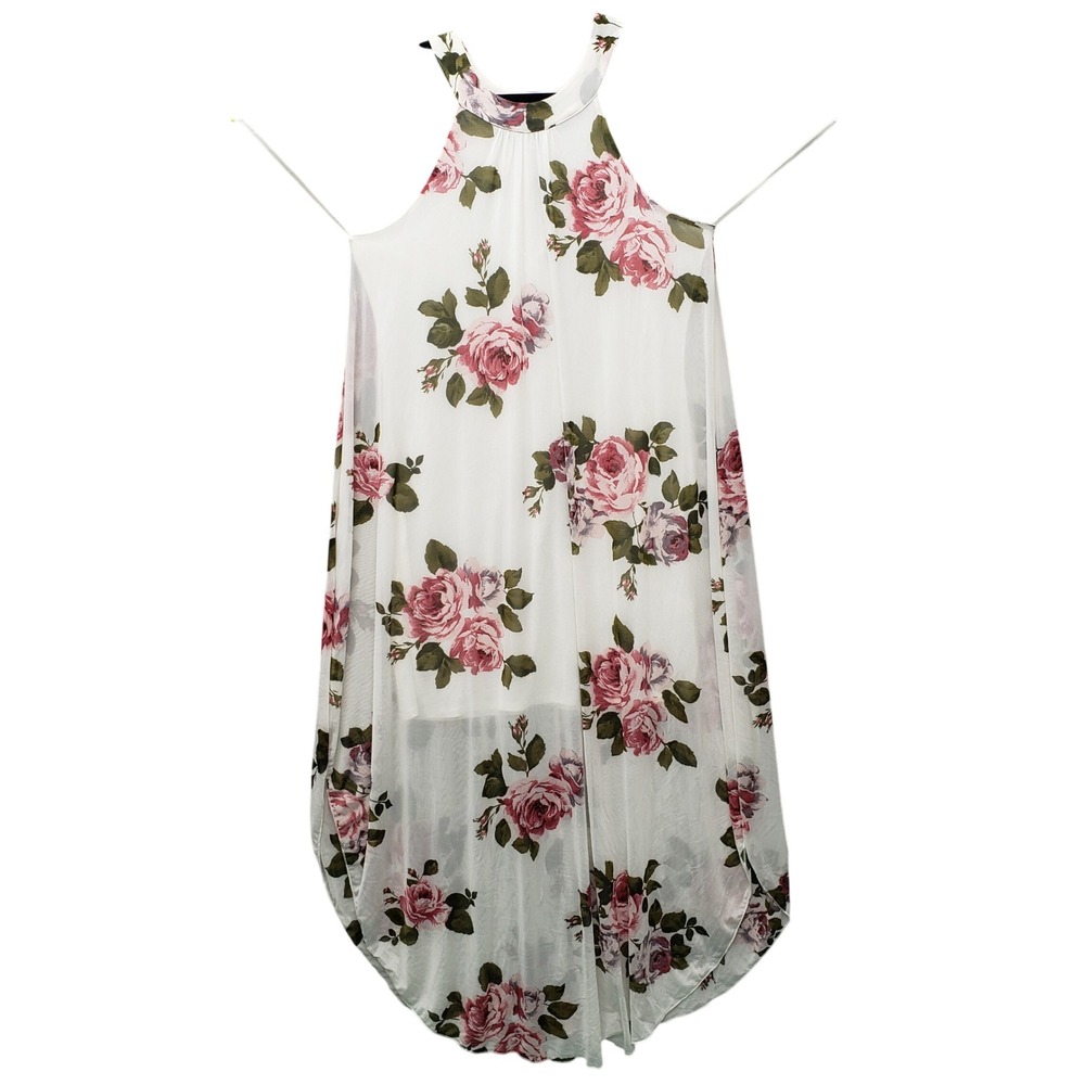 Venus Rose Sheer Overlay Halter Dress Cream Pink Floral Vacation Romantic Size M